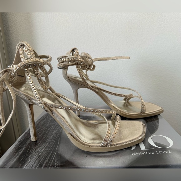 Jlo Gold Heels with Rhinestone Lace Up Straps - Picture 3 of 7
